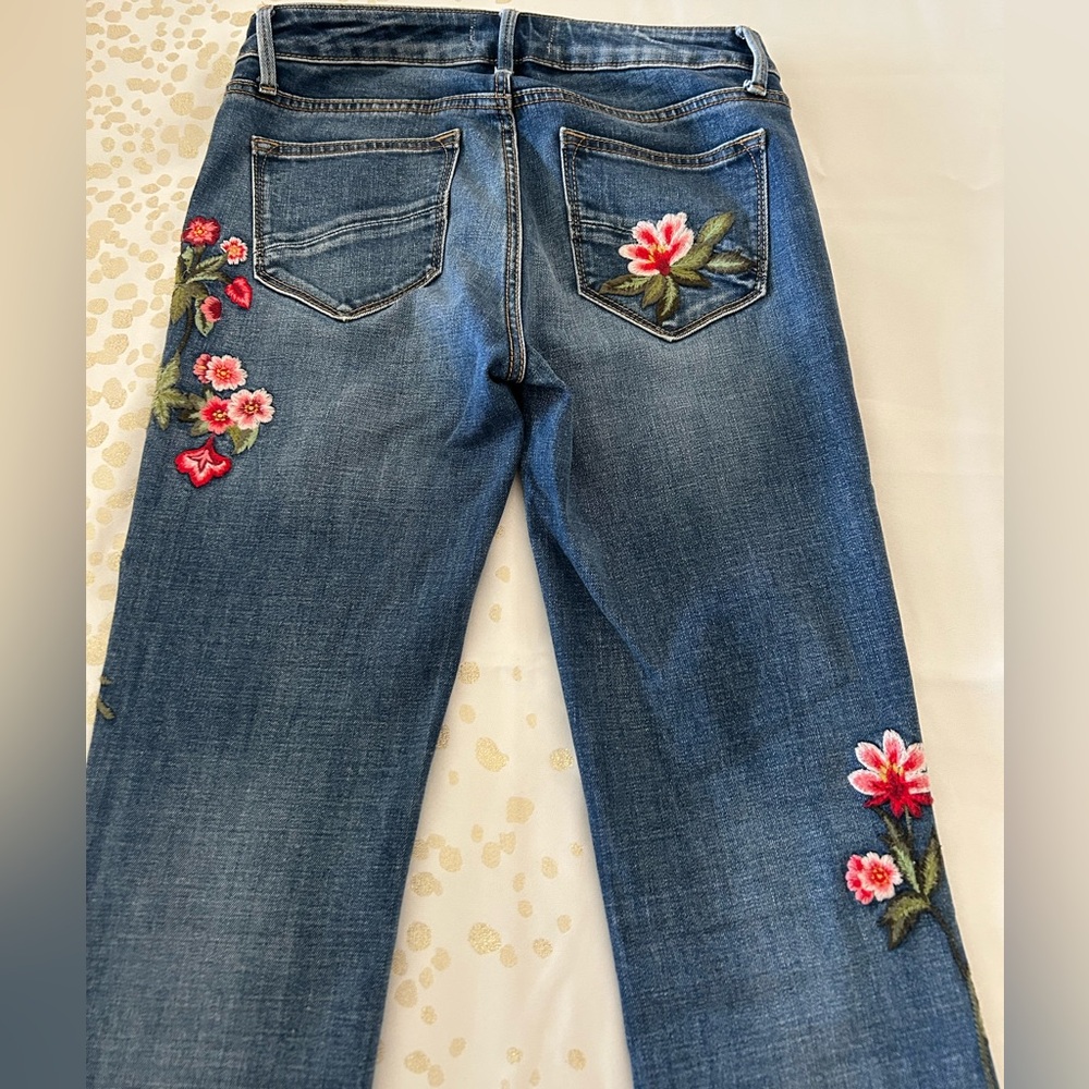 DRIFTWOOD Blue Boot Cut Jeans with Pink Floral Embroidery - Picture 5 of 11